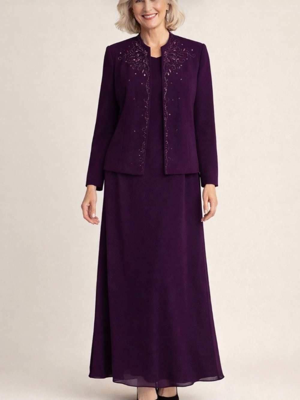 R&M Richards 2 Piece Plum Purple Formal Dress Jacket Size 8 Beaded Chiffon MOTB
